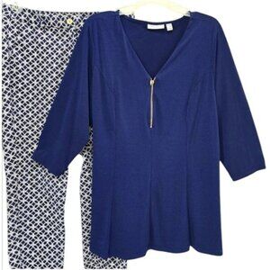 Susan Graver Women's Blouse Size 1X Navy Blue Gold Zipper Office Stretchy V Neck